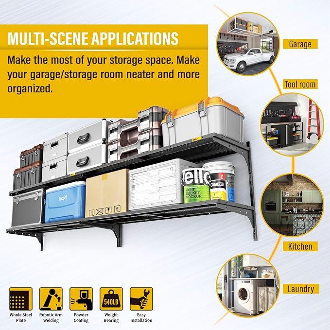 2-Pack 2 Tier 1.3x4ft Garage Shelving Wall Mounted, 800 lbs Load Capacity，15.6x48inch per Shelf Height Cassette Adjustable Floating Shelves(Black)-VerdiqueGarden