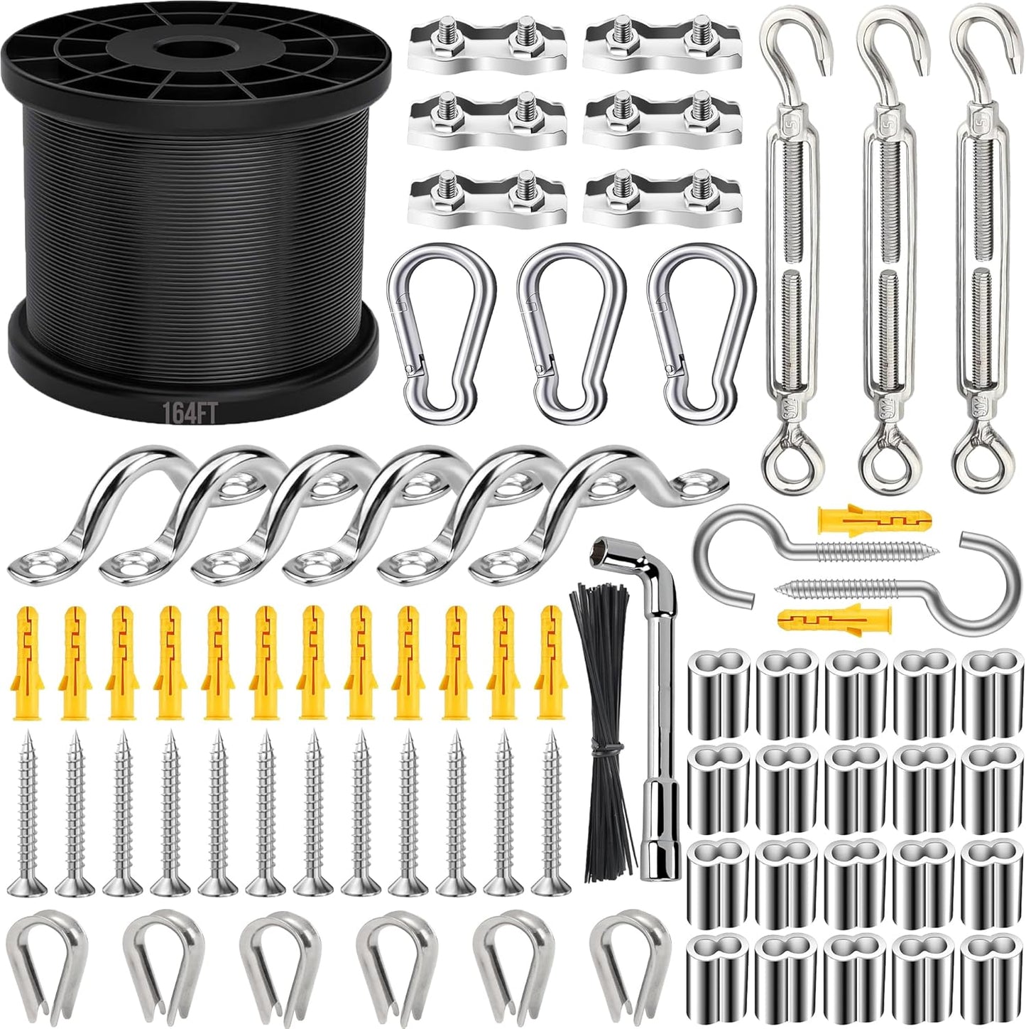 164FT Black Vinyl-Coated 304 Stainless Steel Cable – Heavy Duty String Lights Hanging Kit with Turnbuckle, Thimble & Hooks for Outdoor, Patio, Garden, Christmas Lights-VerdiqueGarden