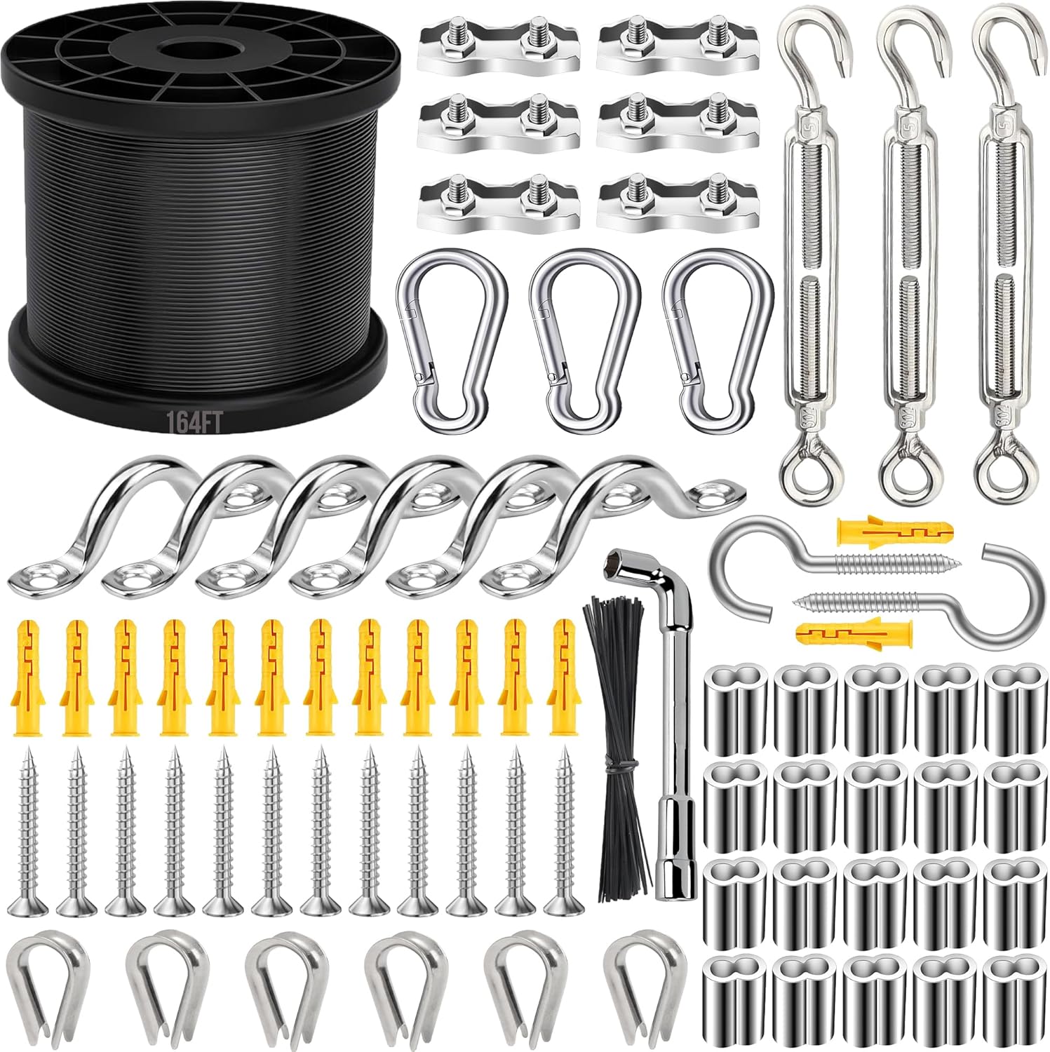 164FT Black Vinyl-Coated 304 Stainless Steel Cable – Heavy Duty String Lights Hanging Kit with Turnbuckle, Thimble & Hooks for Outdoor, Patio, Garden, Christmas Lights-VerdiqueGarden