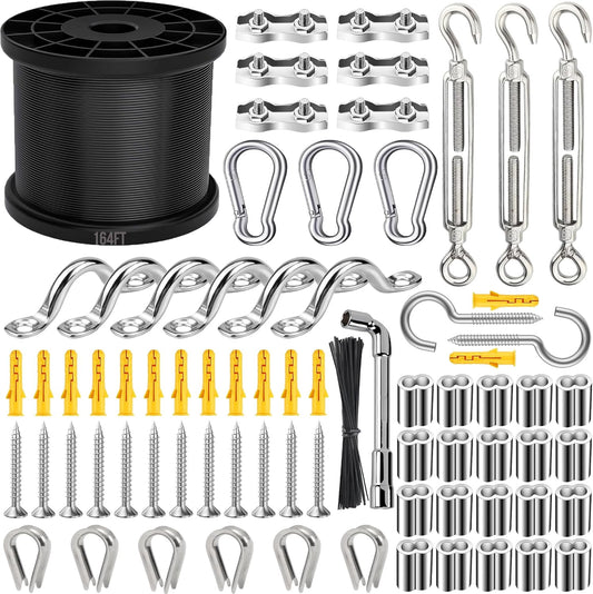164FT Black Vinyl-Coated 304 Stainless Steel Cable – Heavy Duty String Lights Hanging Kit with Turnbuckle, Thimble & Hooks for Outdoor, Patio, Garden, Christmas Lights-VerdiqueGarden