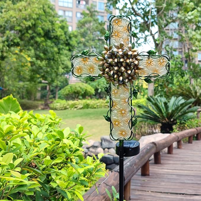 38inch Solar Cross Garden Lights Outdoor Decorative - Solar Metal&Glass Cross Apricot Hydrangea Flower Stake Lights- Waterproof 20 White LED for Remembrance Gifts & Sympathy Gifts-VerdiqueGarden