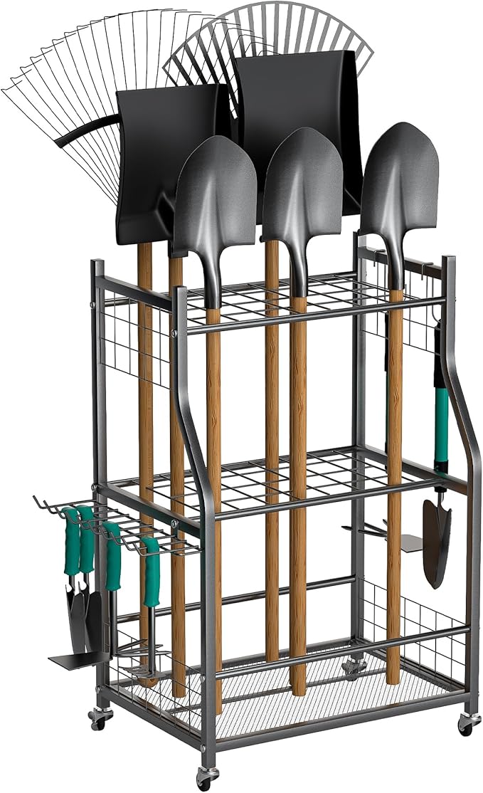 EVERHANGER Garden Tool Organizer Stand, Garage Tool Storage Organization, Yard Tool Racks with lockable wheels, Fit for Long-Handled Tools/Rakes/Brooms, Indoor/Outdoor Use-VerdiqueGarden