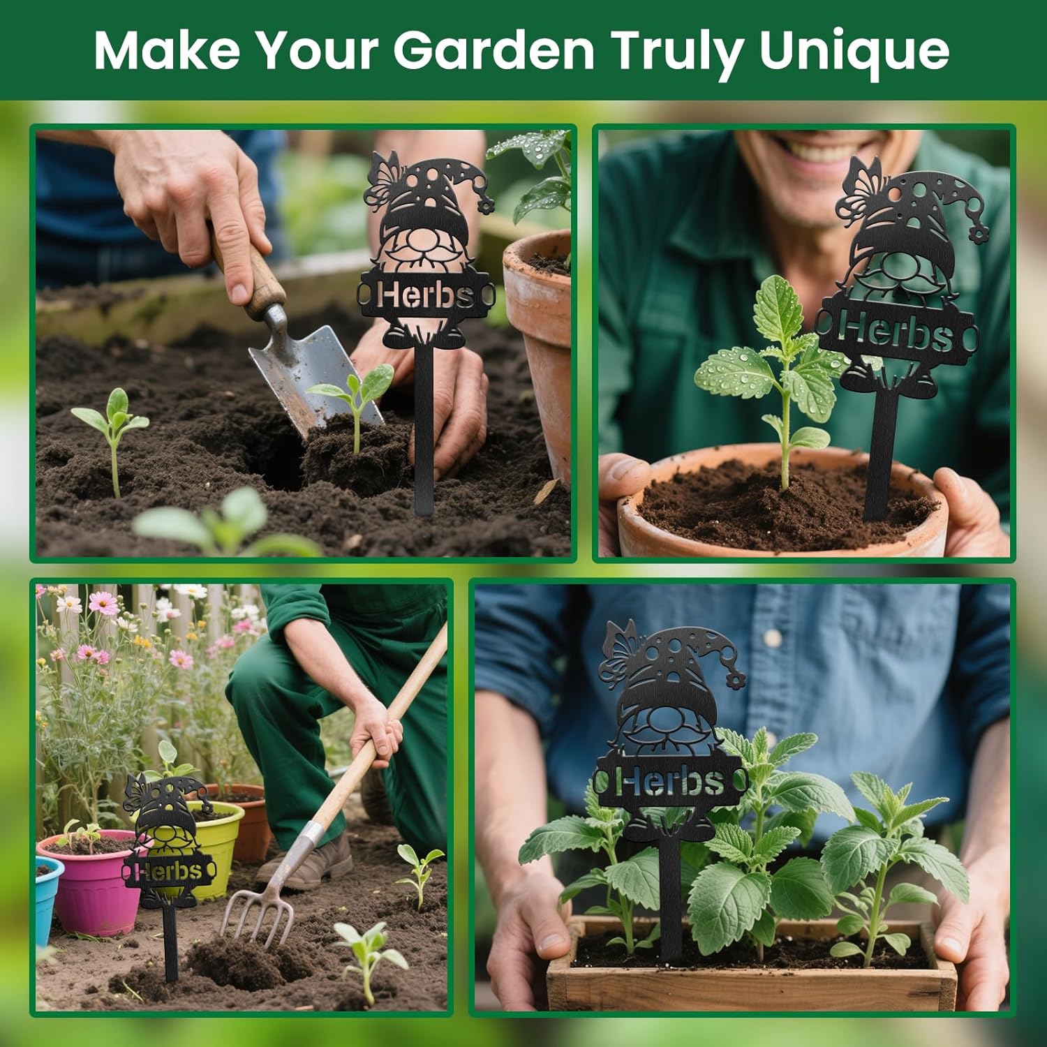 CUTHOLLOW Metal Plant Marker Stake Herbs and Gnome for Outdoor Indoor, Waterproof 11.8 inch Cute Garden Plant Labels Sign Tag for Herb, Farmhouse Greenhouse Decor - Funny Gardening Gifts-VerdiqueGarden
