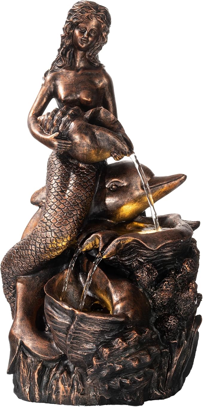 TERESA'S COLLECTIONS Mermaid Water Fountains Outdoor with LED Light Auto Slient Pump, Large Water Features for Yards Patio Garden Balcony Porch, Mermaid Garden Gifts for Mom, 21"-VerdiqueGarden