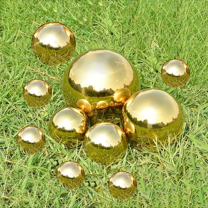 Nerien Gazing Ball, Stainless Steel Garden Mirror Globe, Polished Ornament Sphere, Hollow Floating Reflective Hemisphere, for Home Outdoor Pond Housewarming Swimming Pool Decoration, Gold, 8Pcs-VerdiqueGarden