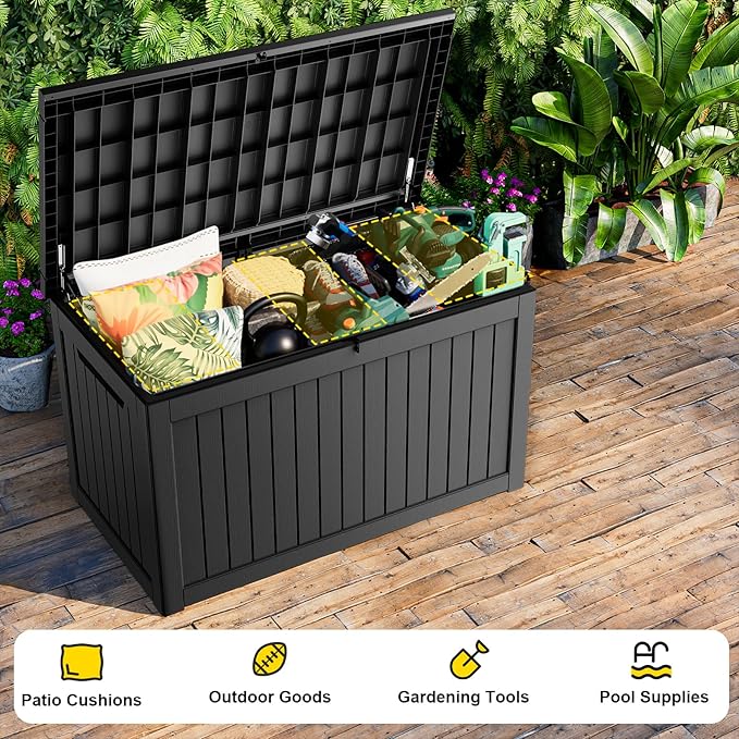 230 Gallon Outdoor Deck Box,Storage Lockable Waterproof Patio Furniture,Garden Tools,Cushions,Pool Accessories Outside Storage Resin Box(Black)-VerdiqueGarden