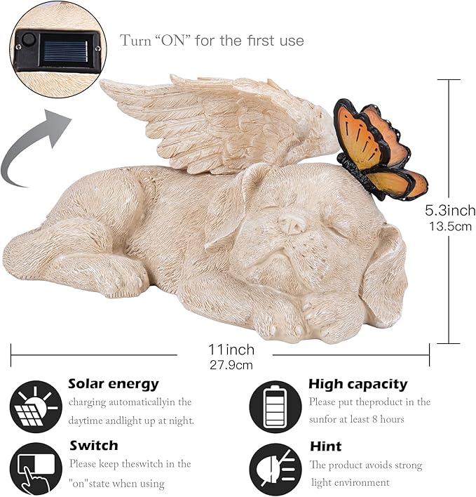 WONDER GARDEN Sleeping Dog Angel Statue with Solar Light - Pet Memorial Stone, in Memory of Dog, Marker Tribute Statues, Resin Guardian Angels, Bereavement Gift-VerdiqueGarden