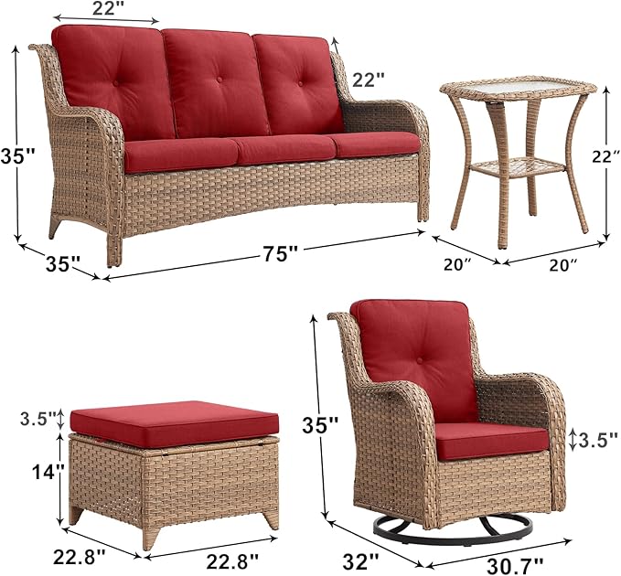 Outdoor Wicker Patio Furniture Set - 6 Piece Rattan Patio Conversation Set with 2 Rocking Swivel Chairs,2 Ottomans,1 Sofa and 1 Side Table for Porch Deck Backyard Garden(Yellow/Red)-VerdiqueGarden