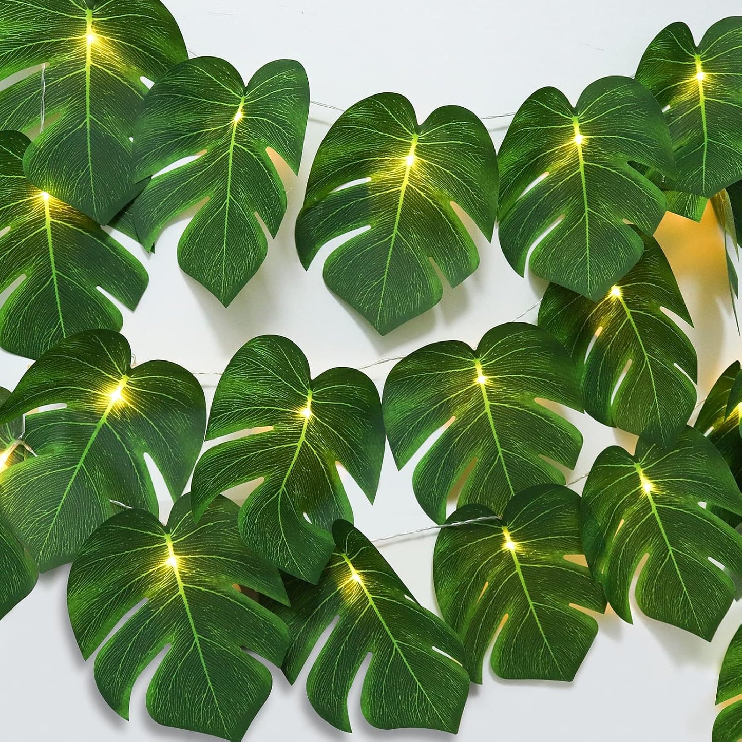 RECUTMS 2 Pack Artificial Tropical Palm Leaves String Lights, Large Size 20 LED Monstera Green Leaf Hanging Vine Greenery,Indoor Hawaiian Luau Jungle Beach Safari Baby Shower Party Spring Summer Decor-VerdiqueGarden