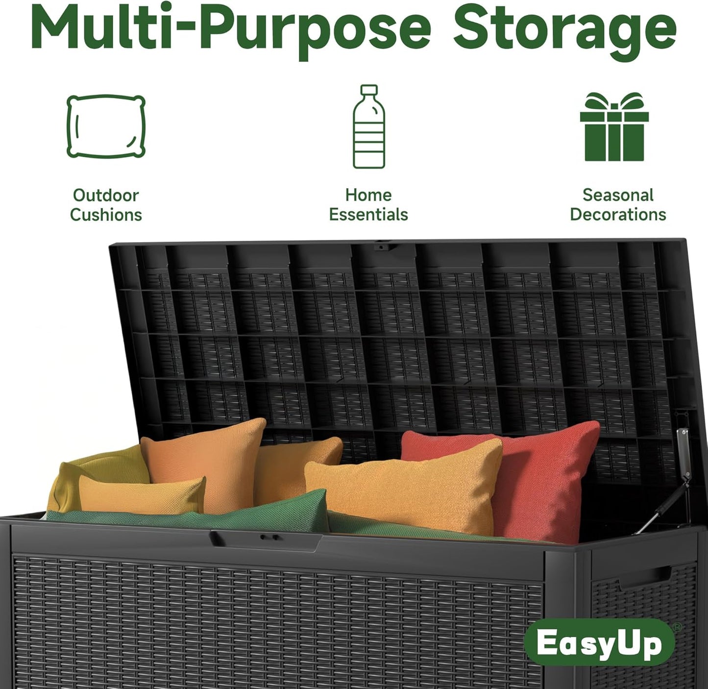 100 Gallon Outdoor Storage Box Waterproof, UV Resistant Resin Deck Box with Hydraulic Rod, Reinforced Stability for Patio, Garden, Rattan Black-VerdiqueGarden