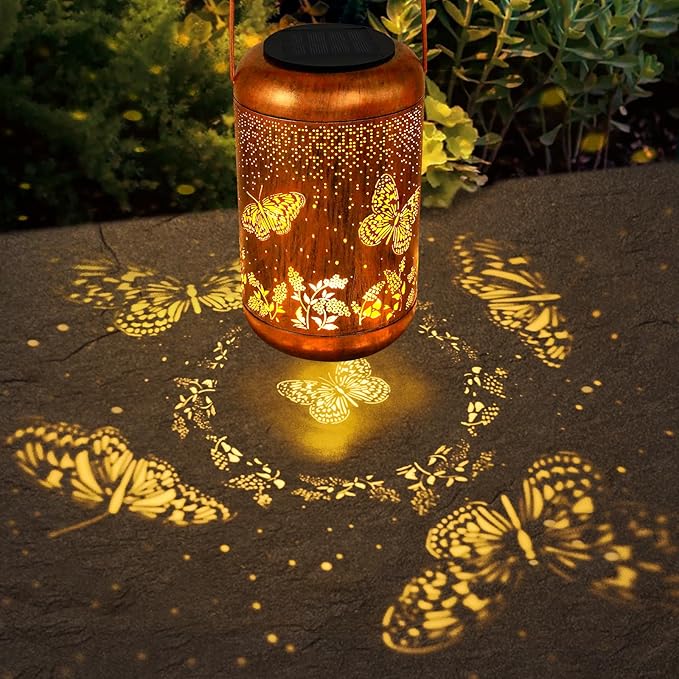 Solar Lanterns Outdoor Butterfly Hanging Lantern Lights, Gardening Gifts for Mom Women Grandma Solar Lights Waterproof LED Mode Change Metal Solar Garden Decor for Patio Yard Lawn Landscape Tabletop-VerdiqueGarden