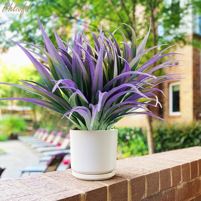 6Pcs Artificial Grass Fake Plants 17.3in Outdoor Plants UV Resistant Faux Greenery Stems Fake Grass for Home Window Garden Office Patio Pathway Front Porch Halloween Décor Green & Purple-VerdiqueGarden