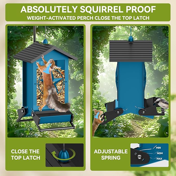 Squirrel Proof Bird Feeder for Outdoors Hanging, Metal Wild Bird Seed Feeder with Bilateral Weight-Activated Perches, 5LB Large Capacity Wild Bird Feeders for Outside Finch, Cardinal, Blue Jay-VerdiqueGarden