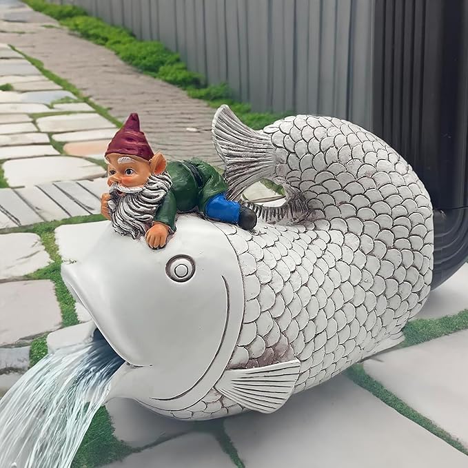 Gnome Fish Sculpture - Eco-Friendly Resin Gutter Diverter Rain, Outdoor Decor Sculpture, Garden Animal Statue, Gutter Downspout Splash Block, Decorative Extension, Ideal for 3"x4" Downspouts-VerdiqueGarden