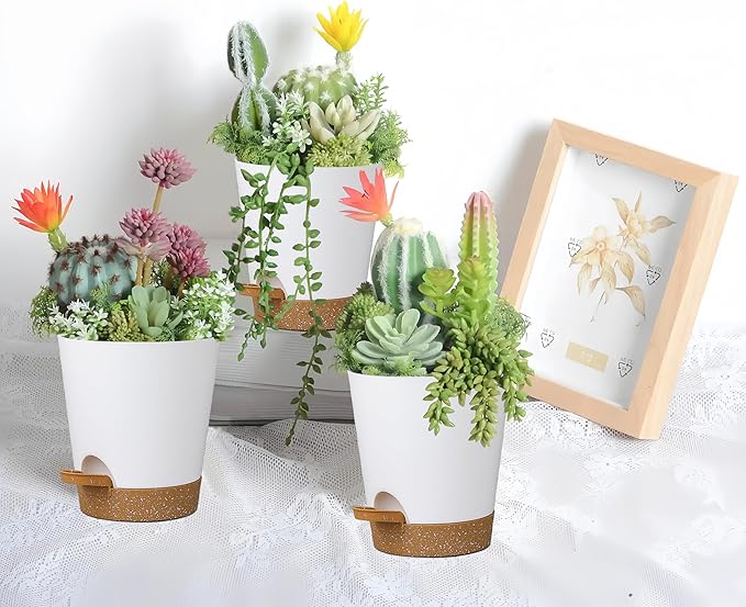 12 Pack 4 Inch Self Watering Plant Pots with Drainage and Saucers，Plastic Flower Pots for Indoor and Outdoor Plants, Nursery Planters for Houseplants and Herbs White Brown, 4 inch 12pcs-VerdiqueGarden