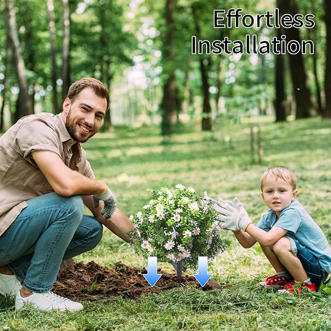 23.6" Artificial Boxwood Topiary Ball Trees with White Flowers, Set of 2 UV Resistant No Fade Outdoor Faux Plants with Ground Spike, Fake Shrubs for Garden, Patio, Porch, Yard, Indoor Decor-VerdiqueGarden