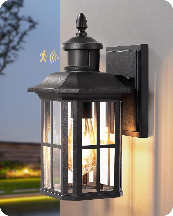 EDISHINE Motion Sensor Outdoor Wall Light, Dusk to Dawn Front Porch Light Fixture, Outdoor Wall Sconce with Clear Glass, Black Exterior Wall Lantern for Door, Garage, Patio, House-VerdiqueGarden