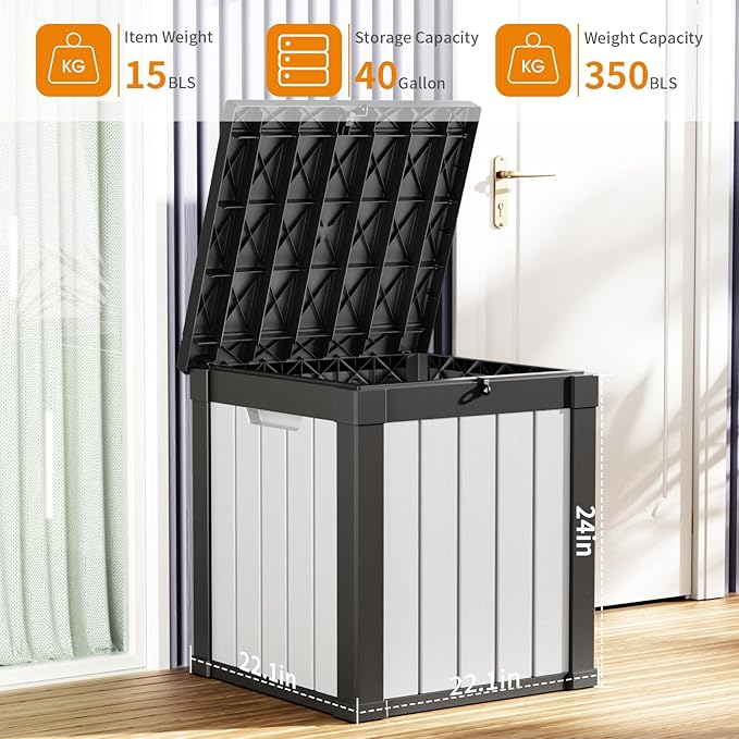 40 Gallon Resin Deck Box, Lockable Patio Outdoor Storage Box for Furniture, Garden Tools and Tools Storage, Waterproof Outside Storage Boxes - Black&White-VerdiqueGarden
