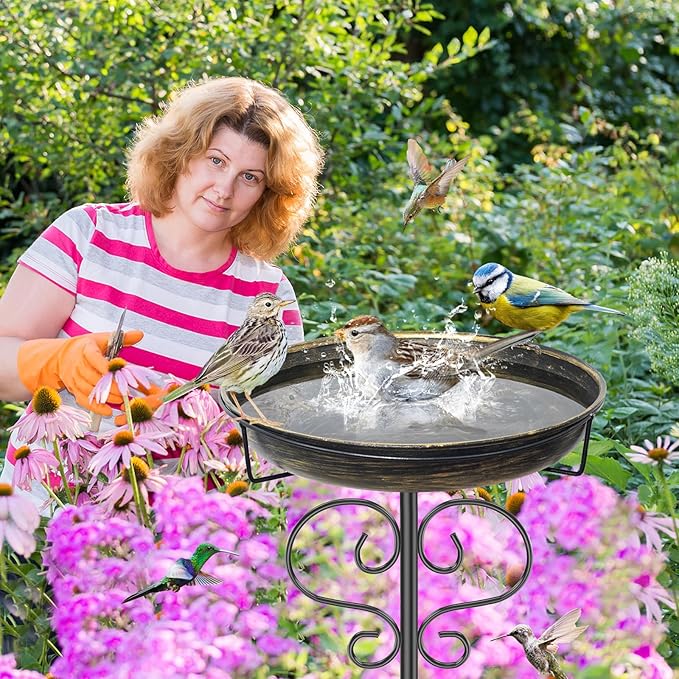 Bird Bath for Outside,Freestanding Metal Bird Bath Feeder with Heavy Duty 5 Prong Stake, Garden Birdbath Birdfeeder Bowl for Yard Lawn Patio Decor (Vintage Gold)-VerdiqueGarden