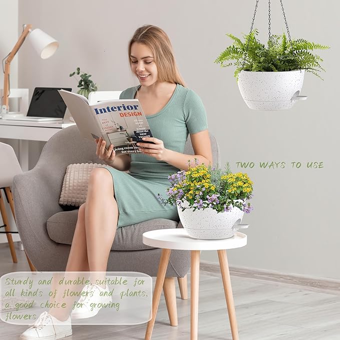 12 Inch Hanging Baskets 2 PC with Chains, Self-Watering Hanging Planters for Indoor Outdoor Plants, Plastic Hanging Flower Pots,Speckled White-VerdiqueGarden