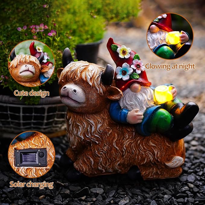 Garden Gnomes Decor Outdoor Statues Gnome on Highland Cow Hold Solar Cup Light Outdoor Decorations for Patio,Yard and Gift for Mom-VerdiqueGarden