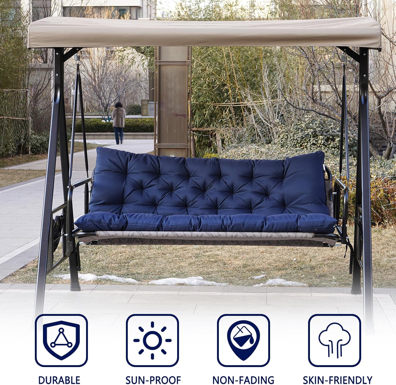 Outdoor Swing Cushions,Waterproof Swing Cushions 3 Seater Replacement with Backrest,Outdoor Thickened Bench Cushion with Ties for Porch,Patio,Backyard,Garden (Navy Blue 60 * 40 in)-VerdiqueGarden