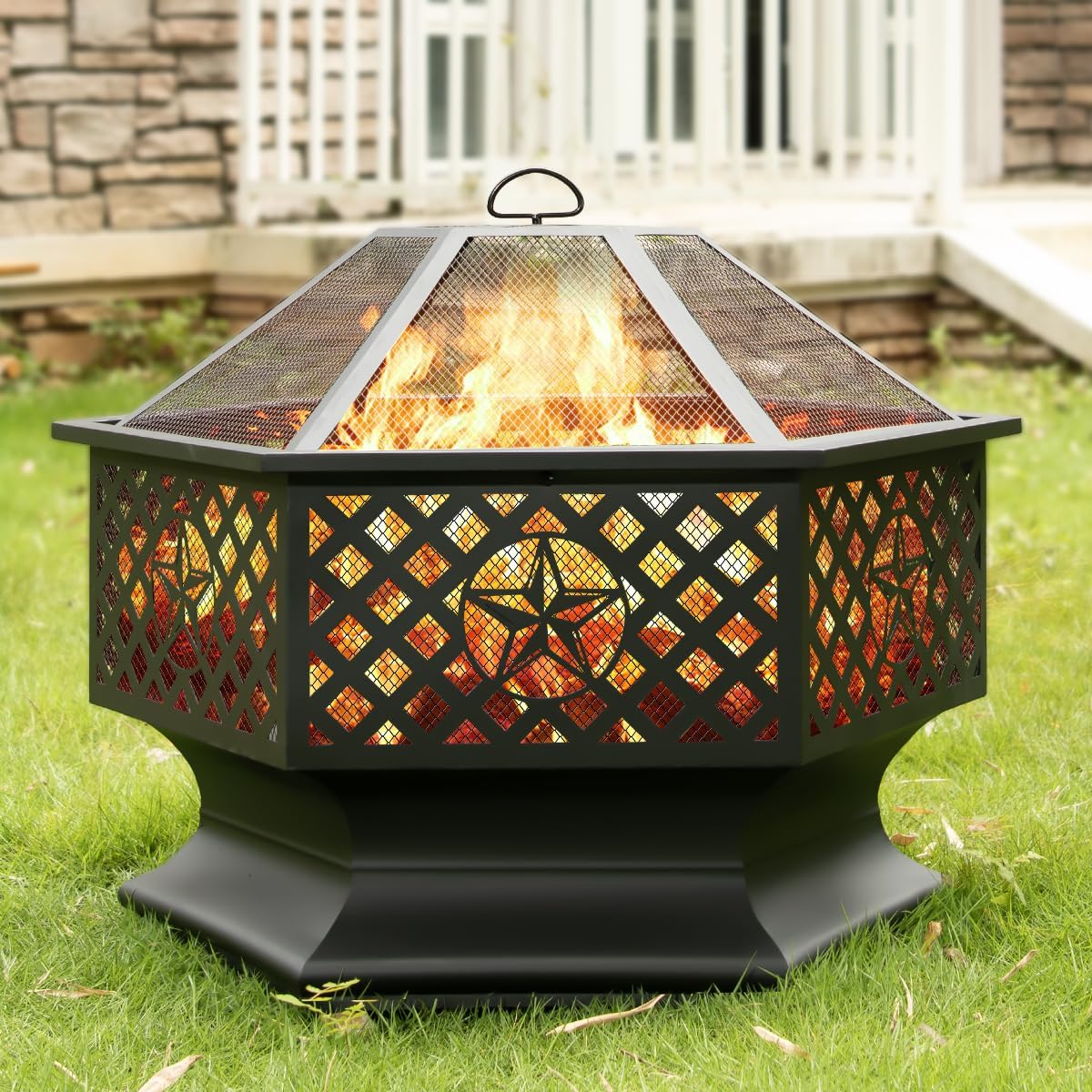 33 Inch Outdoor Fire Pit, Hexagon Shaped Wood Burning Fire pits for Outside, Metal Firepit with Fire Poker&Mesh Cover for Bonfire, Patio, Yard, Garden,Beach and Camping (33'' Black)-VerdiqueGarden