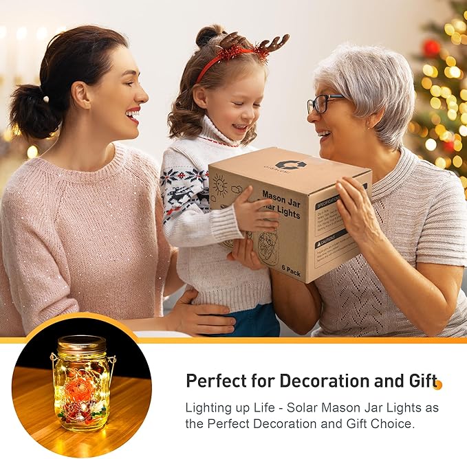 GIGALUMI Hanging Mason Jar Solar Lights, 6 Pack 30 Led Tinplate Lids Hanging Solar Lanterns Outdoor Waterproof, Hangers and Jars Included, Outdoor Decor for Balcony, Garden, Patio, Yard, Wedding-VerdiqueGarden