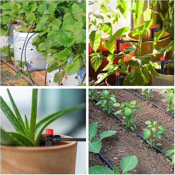 100 Pcs Drip Irrigation Emitters for 1/4'' Irrigation Tubing Adjustable Water Flow Drip Emitters with Stake Drip Irrigation System Irrigation Drippers with 360 Degree Sprayer for Garden Patio-VerdiqueGarden