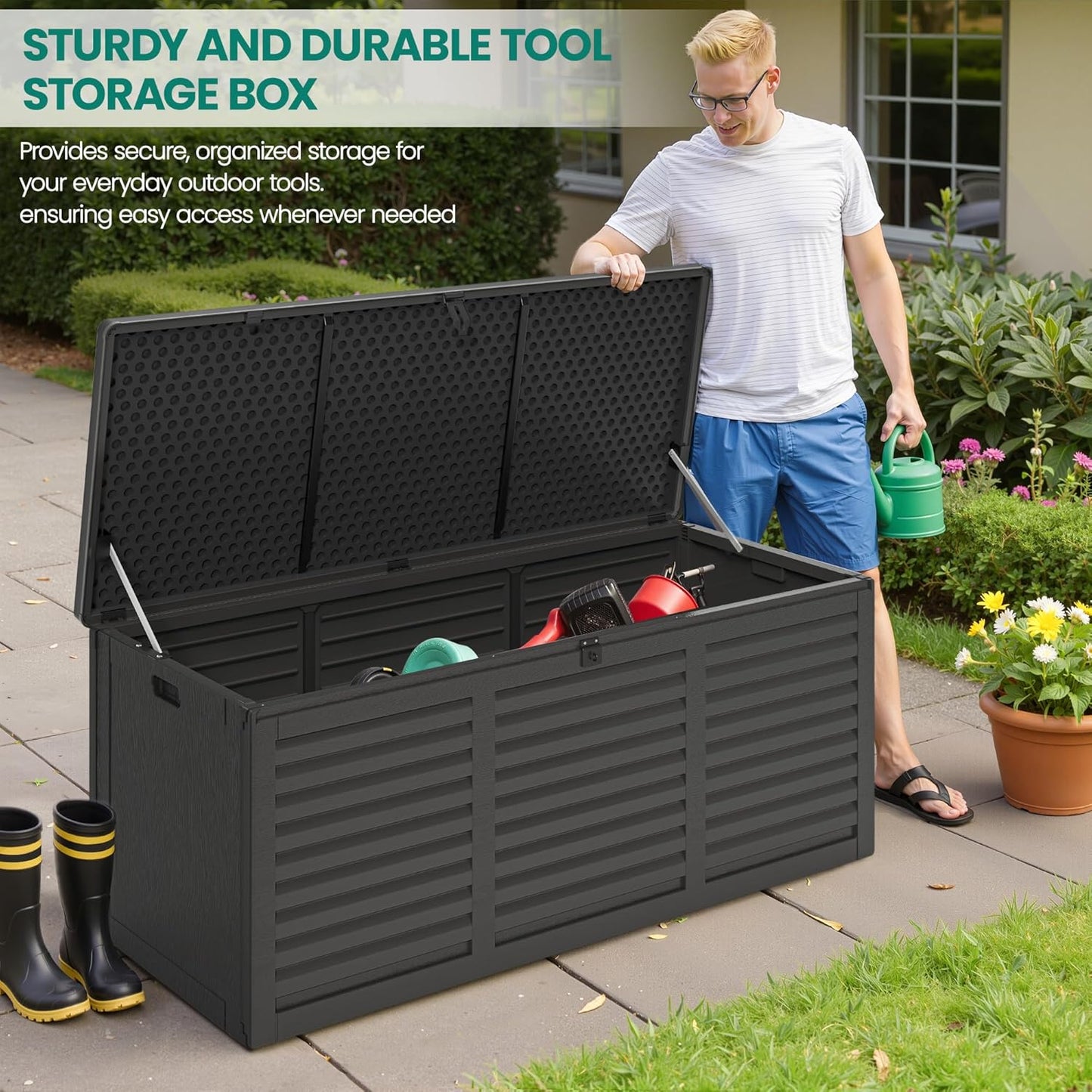 130 Gallon Outdoor Deck Box, Waterproof Resin Box with Lockable Lid, UV-Resistant for Cushions, Garden Tools & Pool Accessories (BLACK), Patio Furniture-VerdiqueGarden