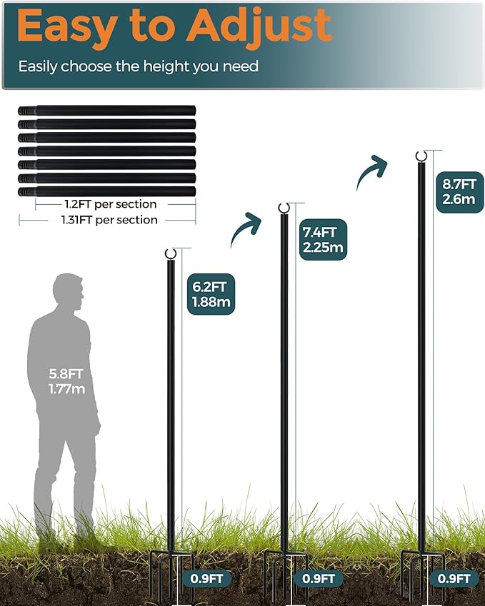 LAND·VOI Metal String Light Poles for Outside Hanging - Backyard, Garden, Patio, 4 Pack Lighting Stand with Adjustable Height for Outdoor Parties, Wedding, Extra-Long 5-Prong Claws, (9.6FT) FLP04B-VerdiqueGarden