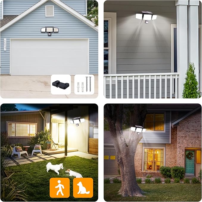 UME Solar Outdoor Lights 302 LED 3000LM, IP65 Waterproof Motion Sensor Outdoor Lights, 3 Heads Solar Security Flood Lights 270 Wide Lighting Angle with 3 Modes for Garden Patio Yard - 2 Pack-VerdiqueGarden