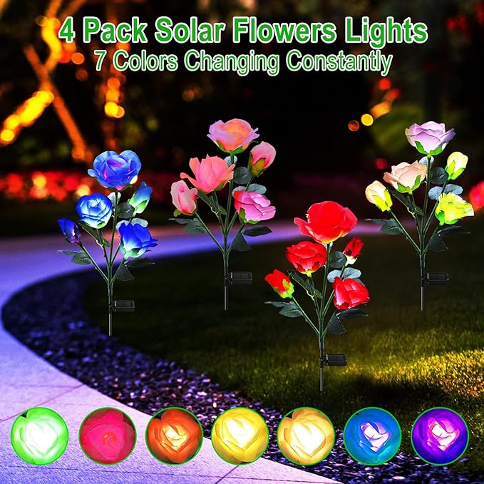 ANGMLN 4 Pack Solar Garden Lights, Solar Flower Lights Outdoor Waterproof with 20 Head Rose 7-Color Changing Landscape Light for Garden Yard Pathway Patio Grave Cemetery Decoration-VerdiqueGarden