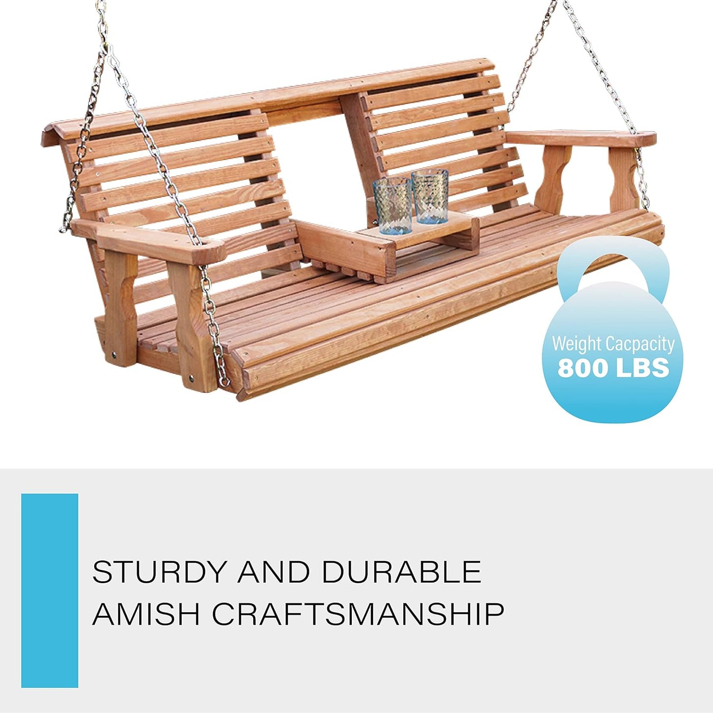 Porchgate Amish Heavy Duty Console Porch Swing with Fold Down Cup Holders in Cedar Stain - Amish Made in The USA from Treated Pine, Hanging Chains Included-VerdiqueGarden