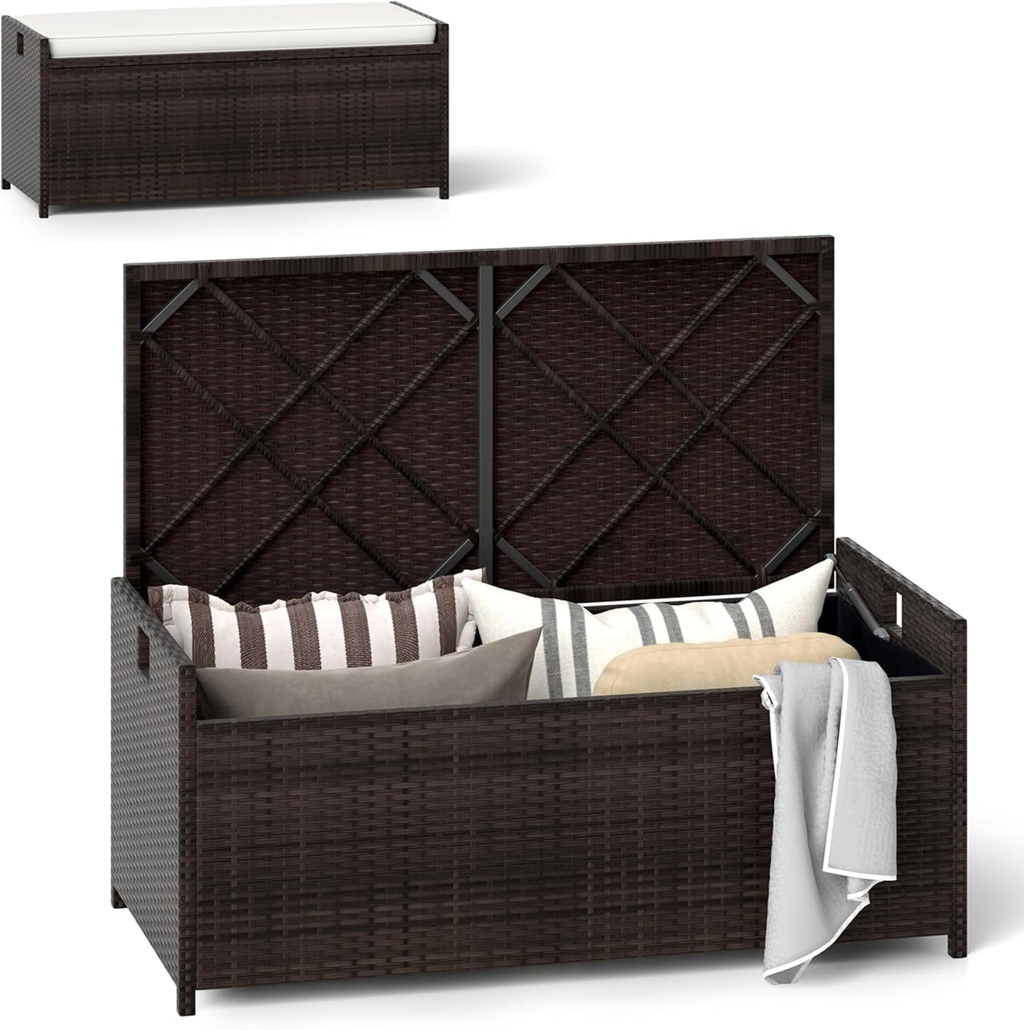 RELAX4LIFE 34-Gallon Outdoor Storage Box - Wicker Rattan Deck Box w/Seat Cushion, Waterproof Liner & Side Handles for Pillows, Patio Cushions, Pool Supplies, Garden Tools, Porch Outdoor Storage Bench-VerdiqueGarden