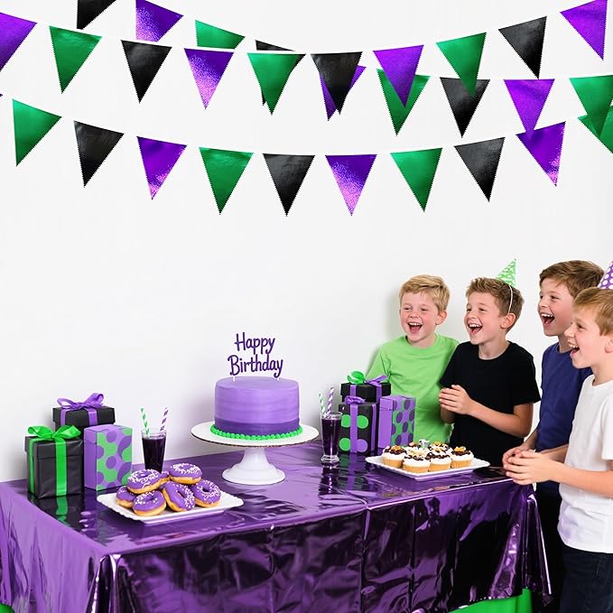 Black Purple Green Party Decorations Metallic Fabric Triangle Pennant Banner Flag Bunting for Boys Men Birthday Graduations Wedding Bachelorette Retirement Video Game Level Up Theme Party Supplies-VerdiqueGarden