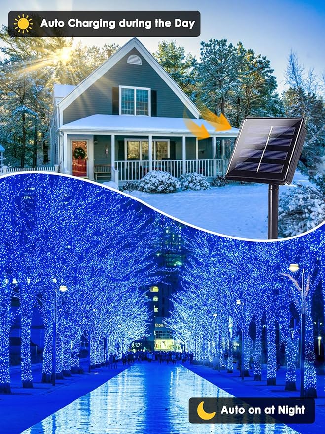 EEW 2-Pack 200 LED Solar String Lights Outdoor, Solar Christmas Lights with 8 Lighting Modes, Waterproof Green Wire Solar Tree Lights for Outside Xmas Wedding Party Garden Patio Decorations (Blue)-VerdiqueGarden