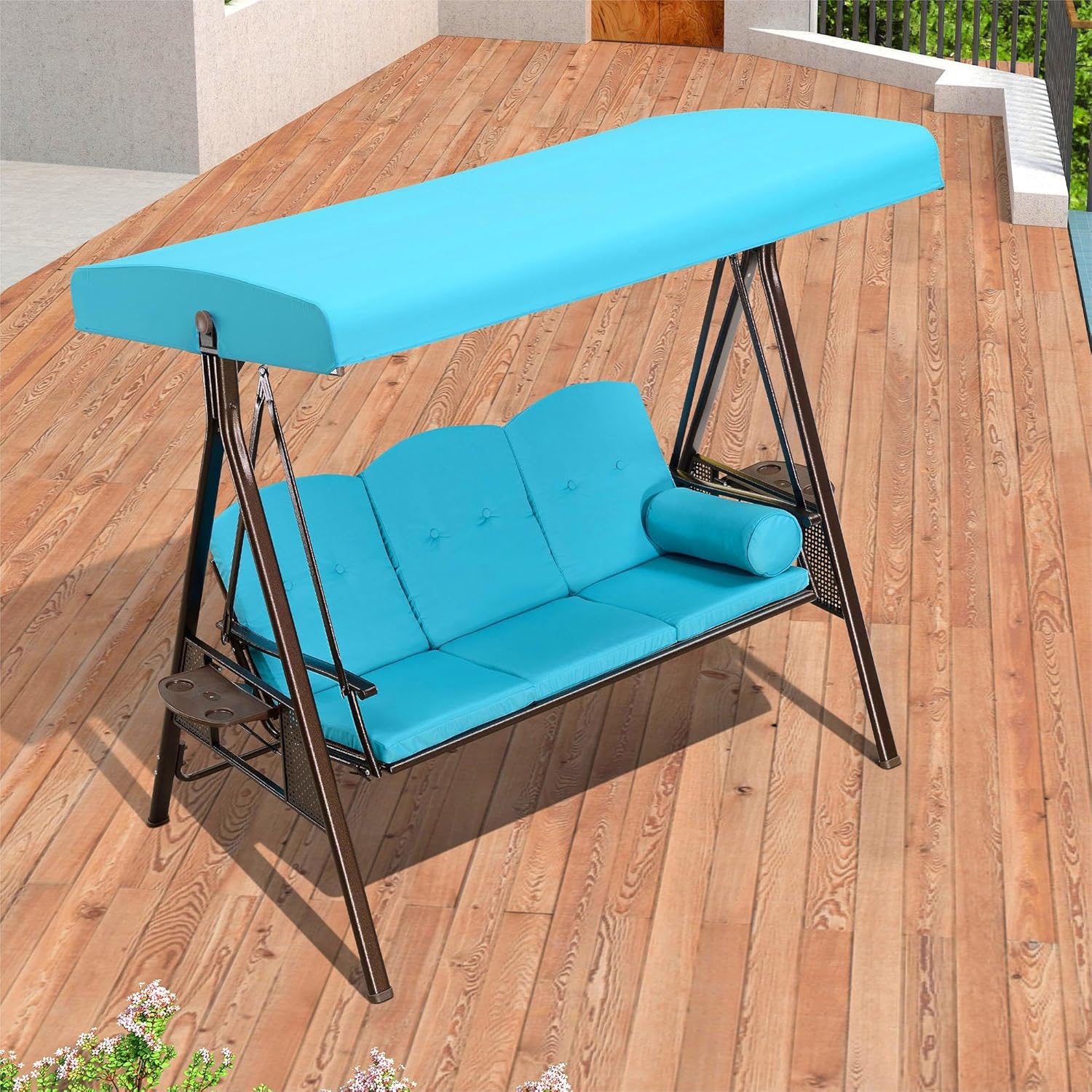 PURPLE LEAF 3-Seat Deluxe Outdoor Patio Porch Swing with Weather Resistant Steel Frame, Adjustable Tilt Canopy, Cushions and Pillow Included, Turquoise Blue-VerdiqueGarden