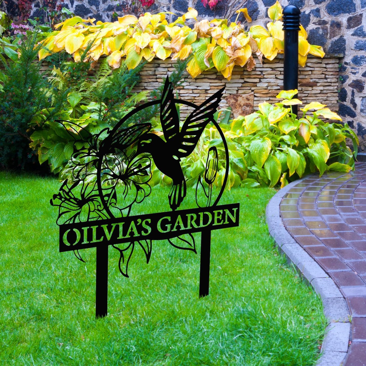 Custom Hummingbird Metal Garden Decor, Personalized Bird with Stakes Garden Sign, Flower Design Personalized Garden Sign, Custom Garden Name Sign, Home Gift, Large Outdoor Decor, Patio Decor-VerdiqueGarden