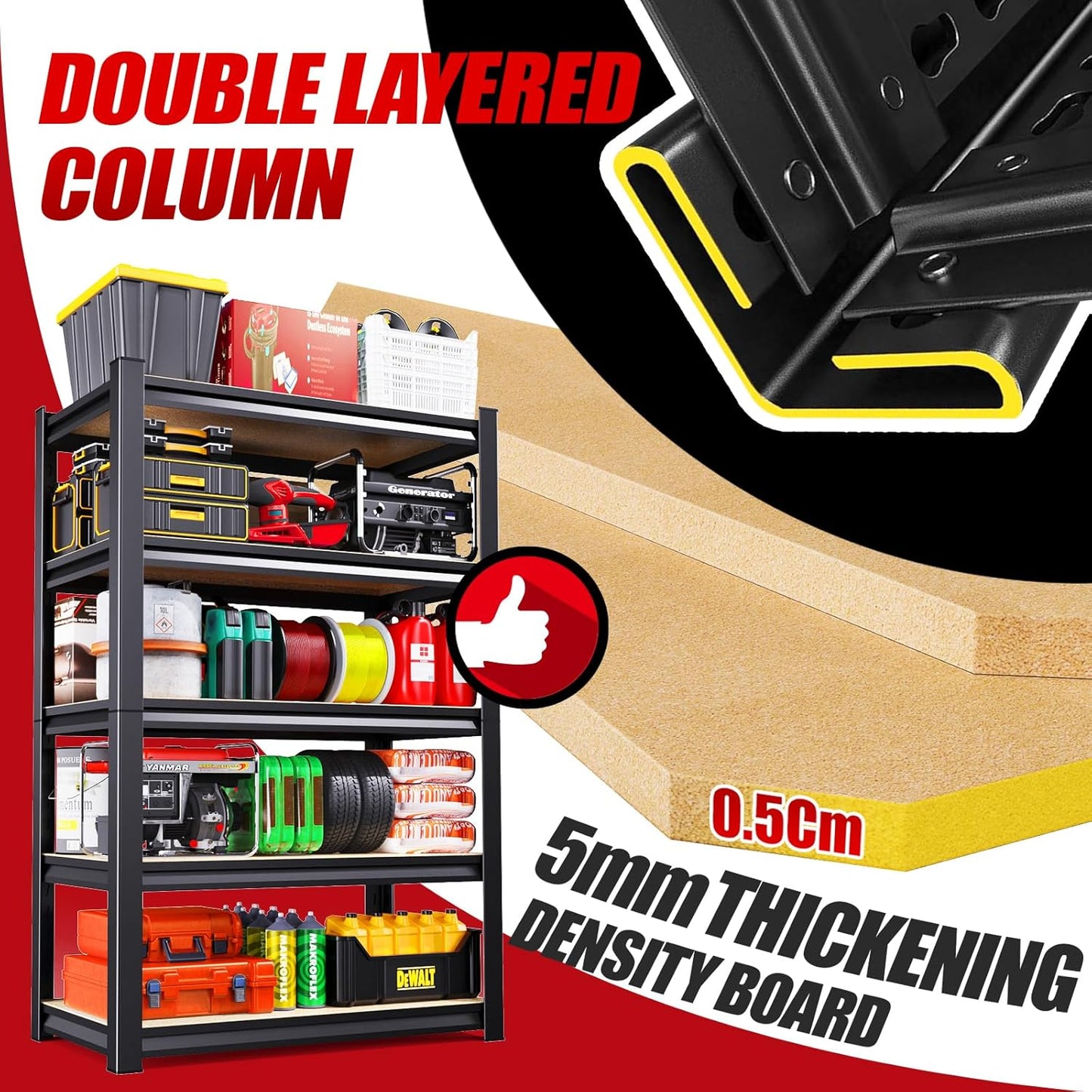 72''H*46''W Garage Shelving, 2500LBS Heavy Duty Shelvings, Adjustable Garag Storage Shelves, 5 Tier Metal Shelving Unit Wood Storage System Utility Storage Rack for Industrial, Warehouse, Basement-VerdiqueGarden