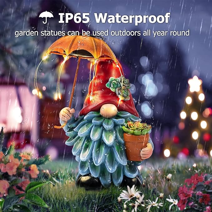 Solar Outdoor Statues Gnome Garden Decor, Garden Gnome with Solar LED Umbrella Decorative for Patio, Balcony, Lawn, Yard Ornament - Unique Gardening Gifts for Mom Grandma-VerdiqueGarden