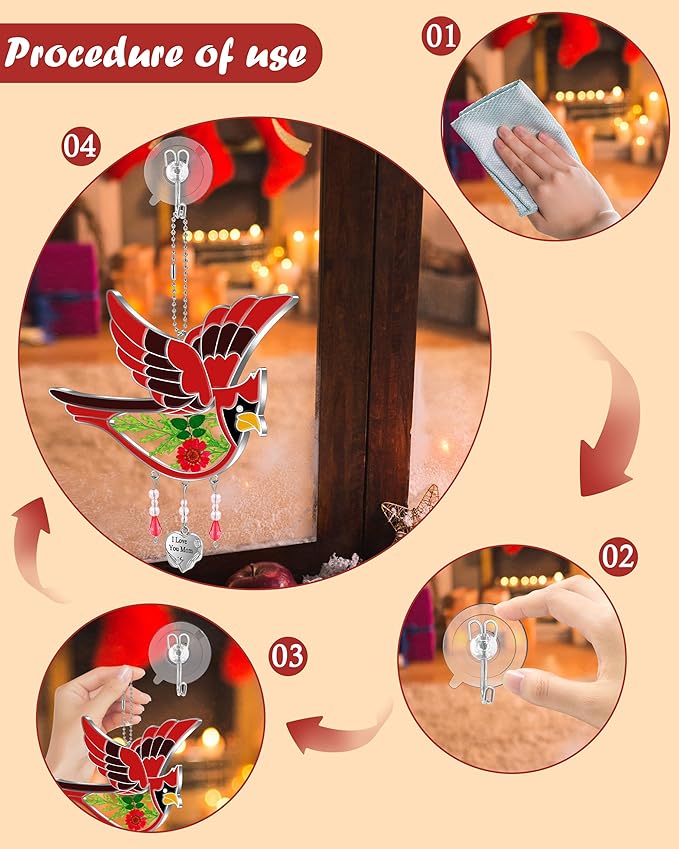 KY&BOSAM Cardinal Suncatcher I Love You Mom Glass Hangings for Windows Wind Chime Ornament with Hand Painted Real Flower and Metal Heart Charm Birthday Gifts for Women Mom Mother's Day-VerdiqueGarden