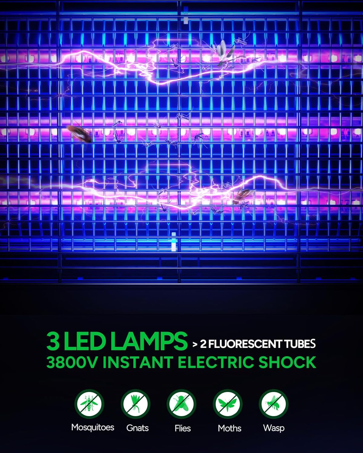 Buzbug LED Bug Zapper Indoor, 10 Years Lifespan 3 Lamps Enhance Insect Attraction, 3800V High-Voltage, Electric Mosquito Zapper, Fruit Fly Mosquito Moth Gnat Trap, Killer, Zapper -MA009-VerdiqueGarden