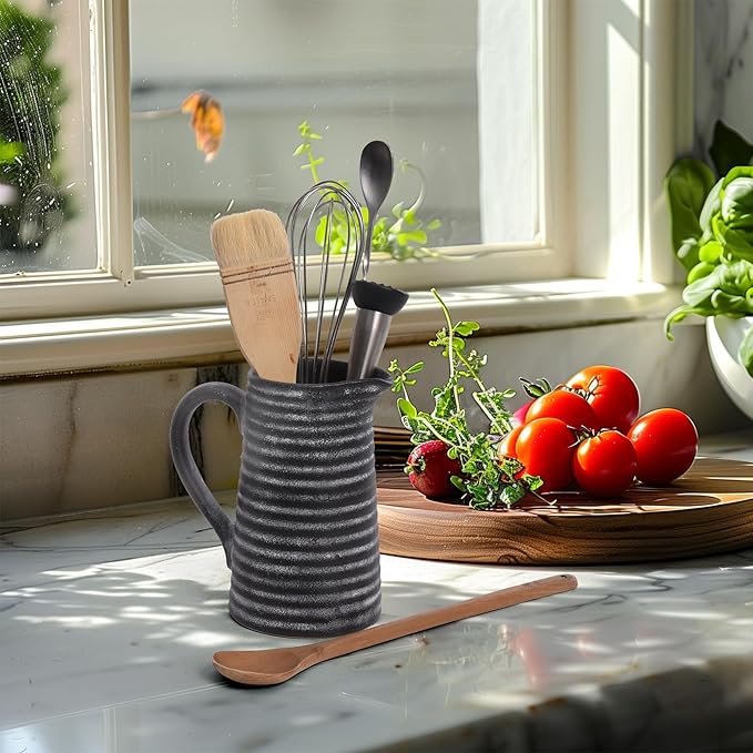 Quoowiit Ceramic Rustic Vase with Handle, Black Distressed Decorative Farmhouse Pitcher Vase for Home Decor Living Room Bedroom Kitchen Office Shelf Decor Centerpiece Table Decoration-VerdiqueGarden