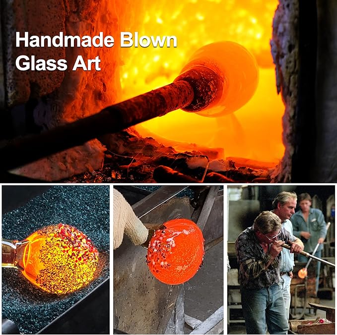 LUJII Hand Blown Glass Hummingbird Feeder for Outdoors with Ant Moat, Leak Proof & Rustproof,36 fl.oz, Metal Base Cover with 5 Feeding Ports & 5 Perches, Glass Art for Garden Decor (Blue Mixed Yellow)-VerdiqueGarden