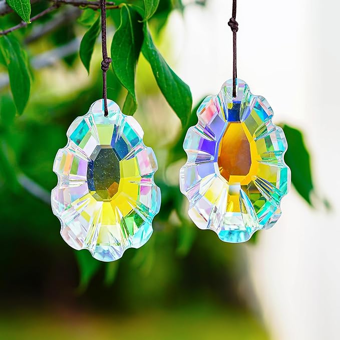 HDCRYSTALGIFTS Set 2 Crystal Sun Catchers for Window Protect Bird Strike, AB Colored 76mm Hanging Ornaments for Windows Rainbow Prism Suncatchers Garden Home Decor-VerdiqueGarden