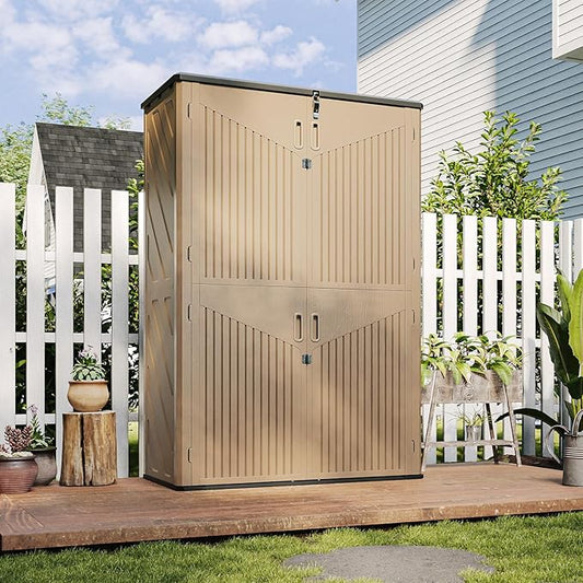 Aoxun Outdoor Storage Shed, 64 Cu.Ft Vertical Storage Sheds Outdoor with Floor, Outdoor Waterproof Storage Cabinet for Garage Storage, Pool Storage, Bike Shed, Garden Shed (Brown)-VerdiqueGarden