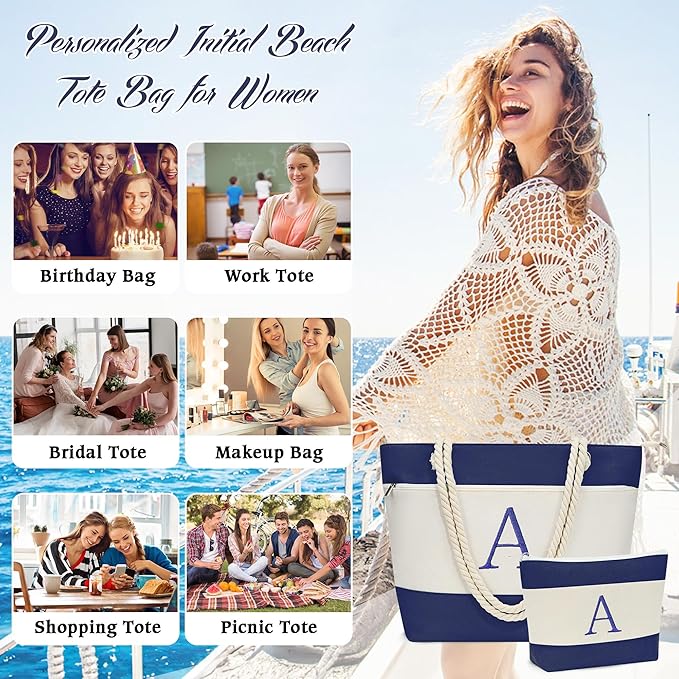 YOOLIFE Beach Bags for Women - Initial Tote Waterproof Bag with Makeup Bag, Mothers Day Gifts for Women Mom Friend Birthday-VerdiqueGarden