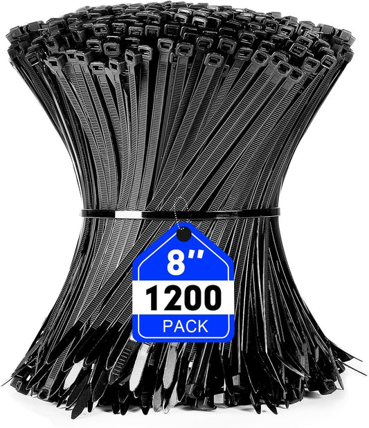 Zip Ties, RAZCC 1200pcs Black Cable Zip Ties 8 Inch, Heavy Duty Plastic Wire Ties with 50lb Tensile Strength, Self-Locking Black Nylon Tie Wraps for Indoor and Outdoor-VerdiqueGarden