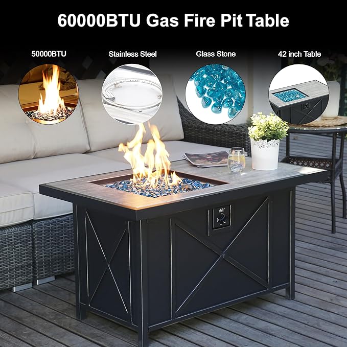 BALI OUTDOORS 42 inch 50,000 BTU Rectangular Propane Gas Fire Pit Table with Fire Glass and Table Lid, Fire Pits Outdoor for Garden, Patio, Backyard-VerdiqueGarden